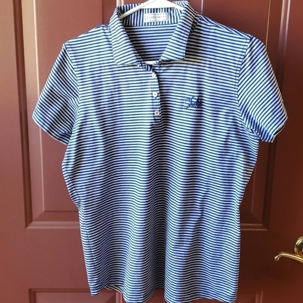 Peter Millar blue striped SS 100 % cotton top The Olde Farm Size Large